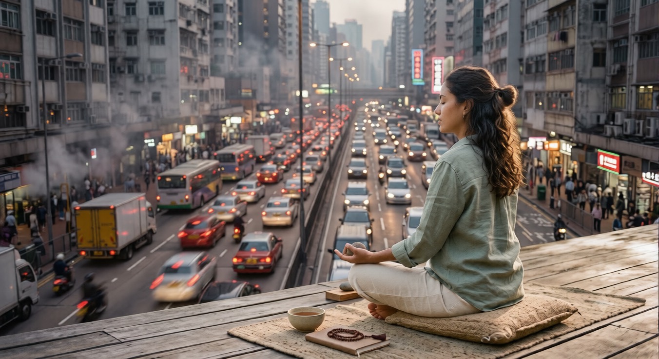 Mujer practicando mindfulness en meditación sobre un techo urbano con tráfico de fondo, simbolizando calma y presencia